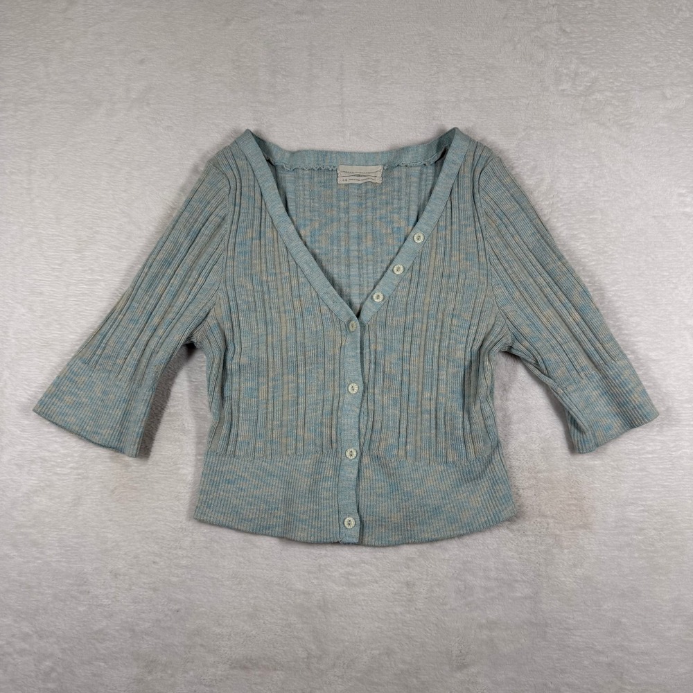 Urban Outfitters Blue Space Dye Ribbed Knit 3/4 Sleeve Cardigan Sweater Womens L